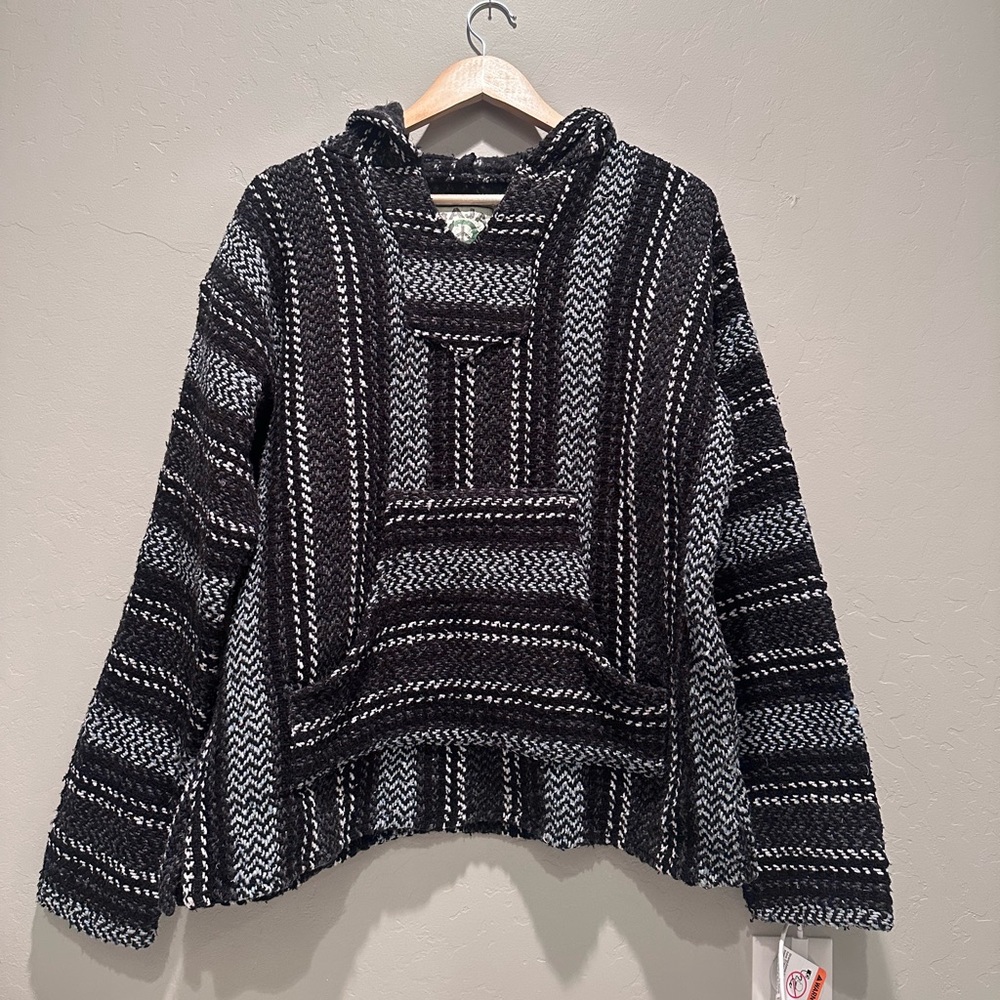 Baja Joe Black Gray Mexican Rug Pullover Hooded Sweater‎ Size Small
